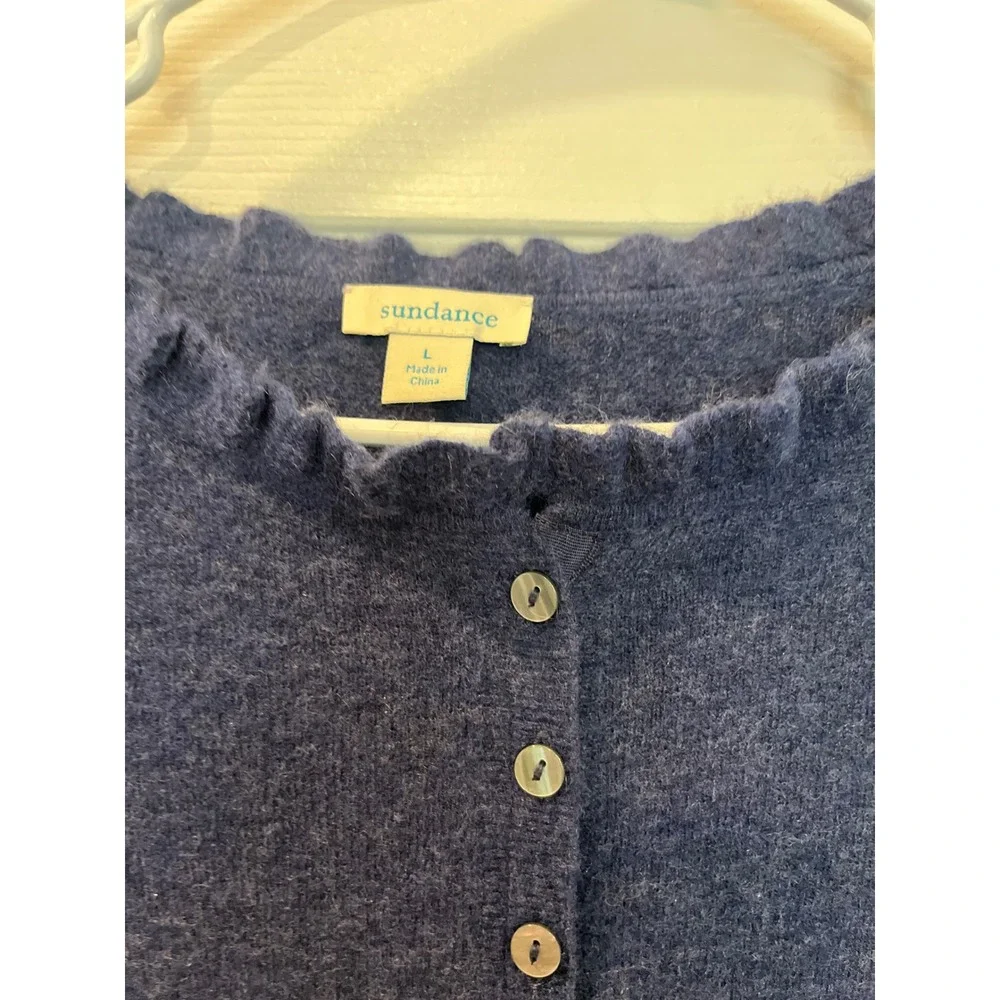 Sundance Blue Ruffle Neck Button Front Knit Sweater Large‎ Long Sleeve Soft